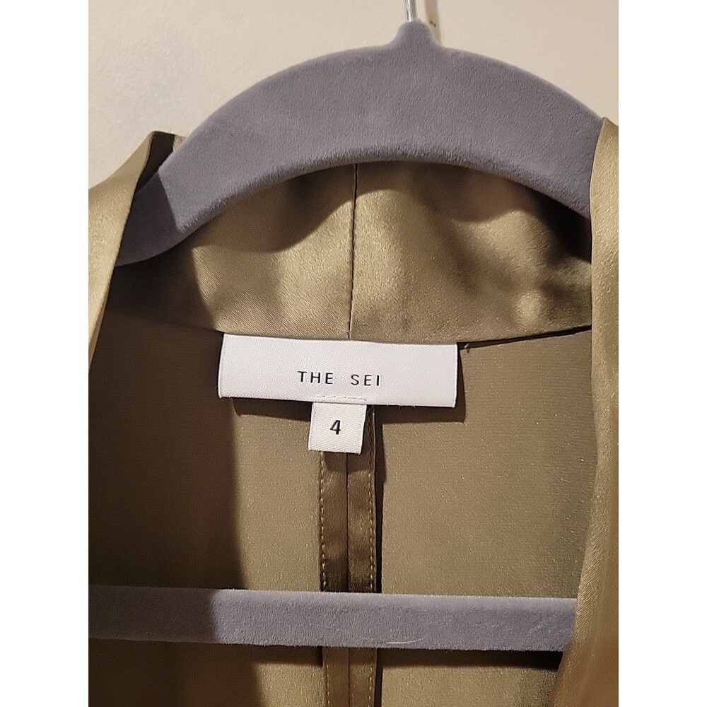 The Sei Silk Tie Front Blouse Size 4 Olive Satin Luxury Modern Minimalist Top - Picture 4 of 10